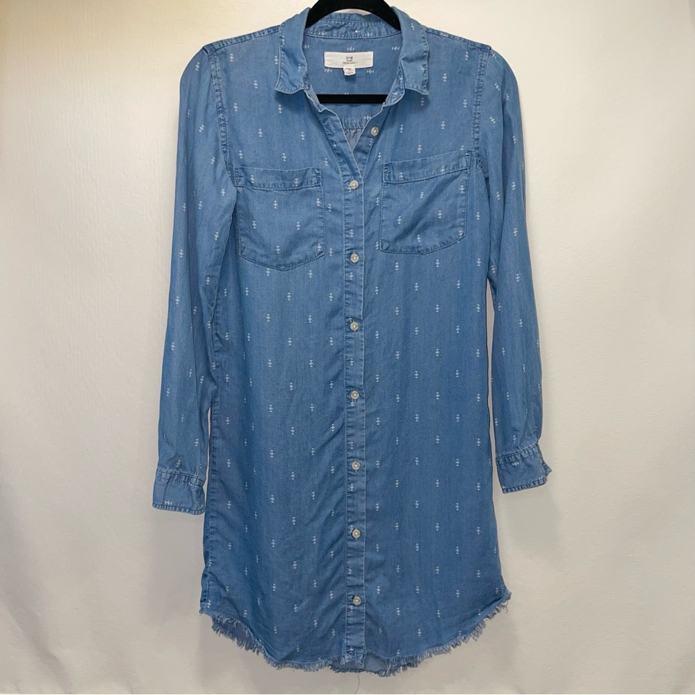 Thread Supply Women's XS Blue Soft Denim with White Print Button Down Dress